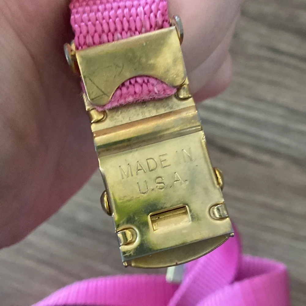 Vintage Pierre Cardin pink nylon Fabric Web Skinny Belt Gold Tone Logo Buckle